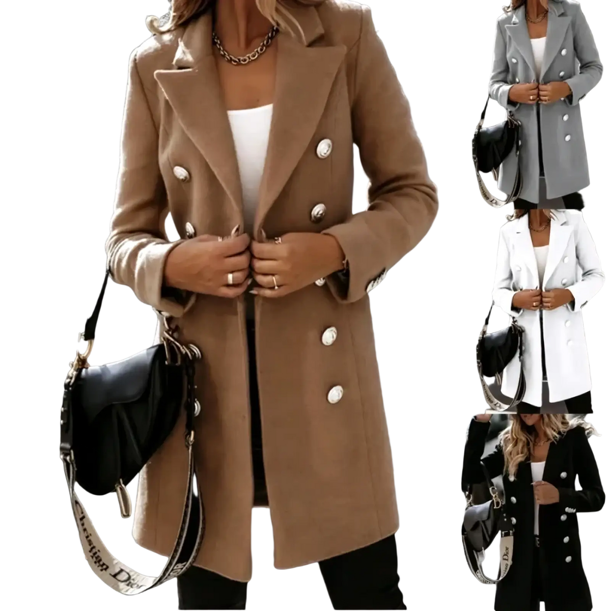 Beige double breasted wool coat for women with silver buttons combining elegance and warmth