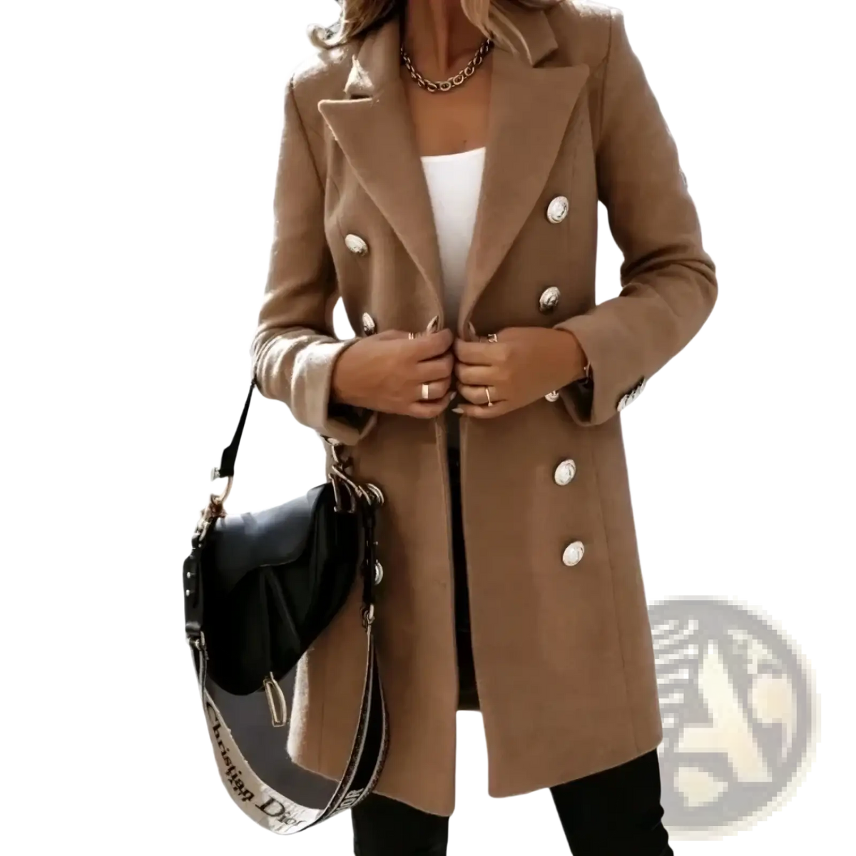 A camel-colored double breasted wool coat for women with silver toned buttons and a classic tailored fit
