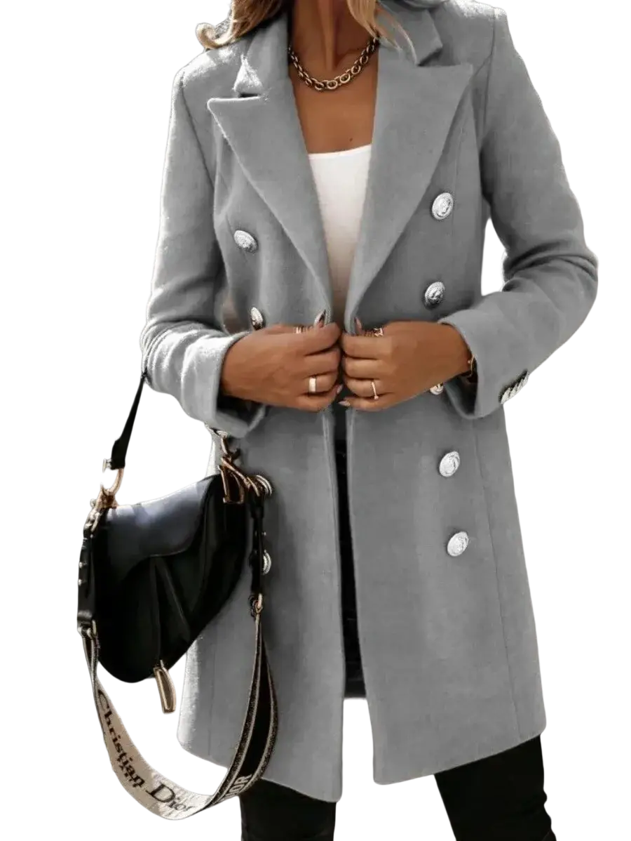Gray wool double-breasted coat for women with silver buttons showcasing a classic and elegant design