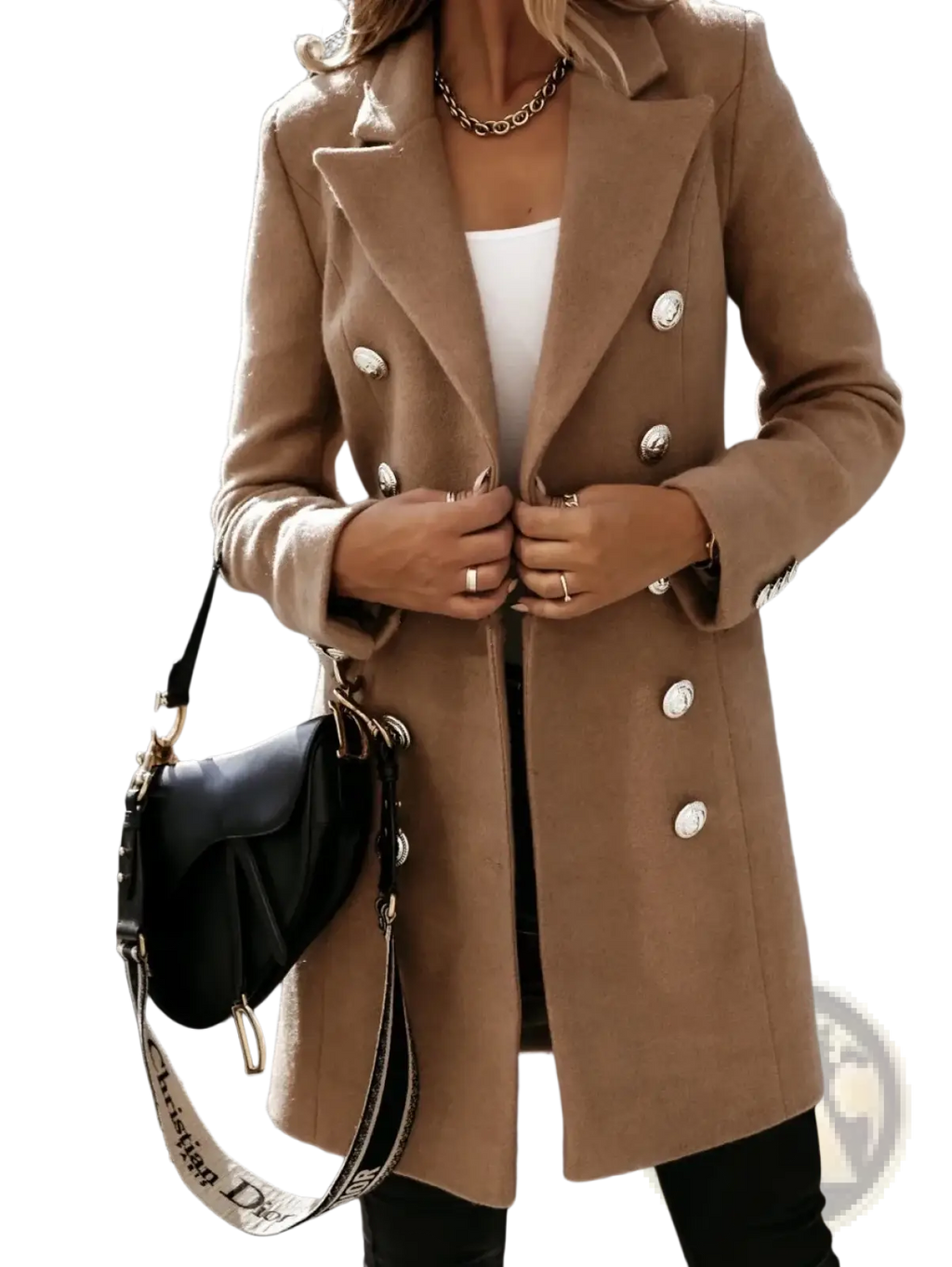 Beige double breasted wool coat for women with silver toned buttons featuring a classic tailored fit