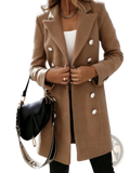 Beige double breasted wool coat for women with silver toned buttons featuring a classic tailored fit