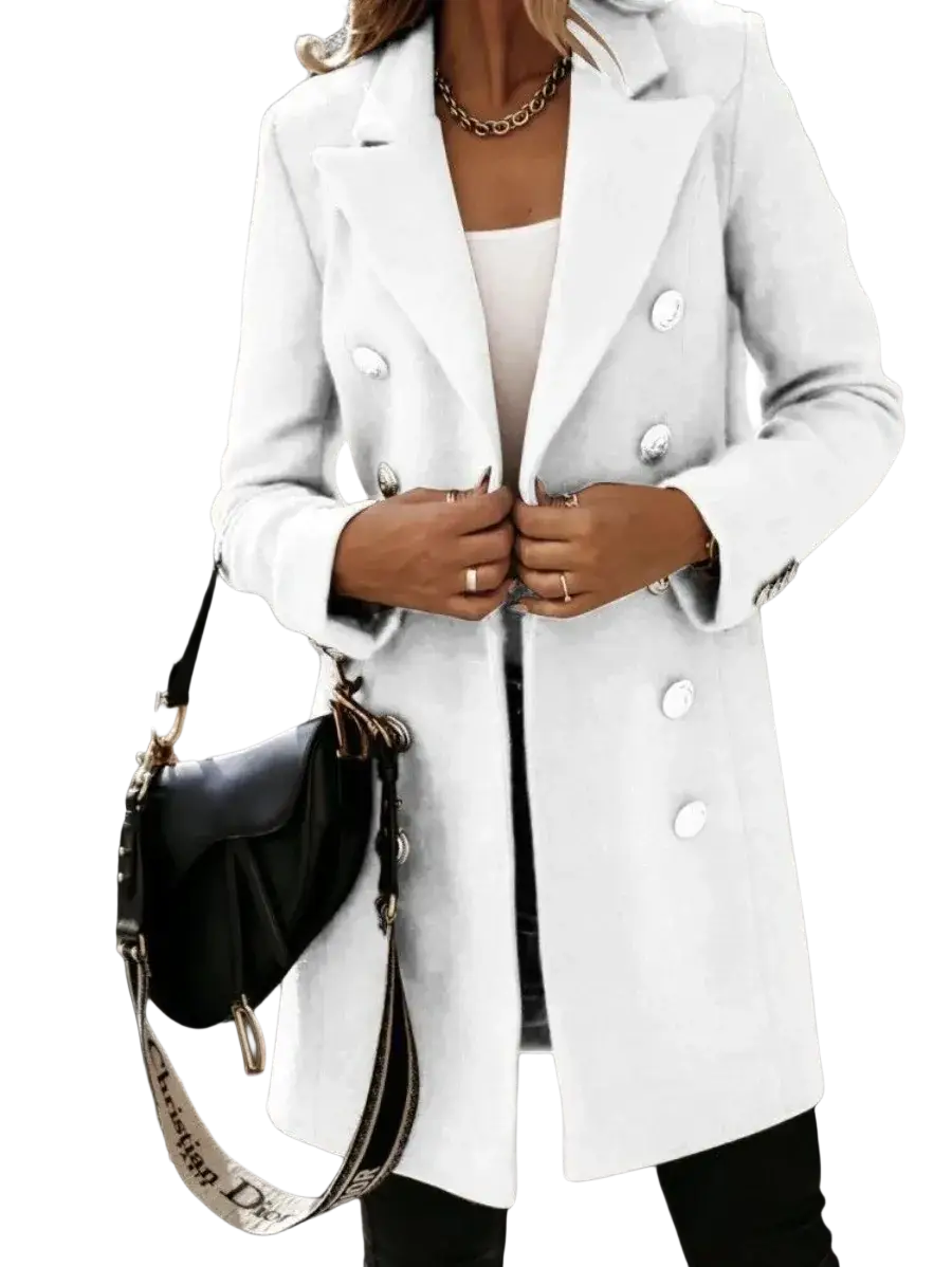 White double breasted wool coat for women with silver buttons and tailored fit designed for stylish outerwear