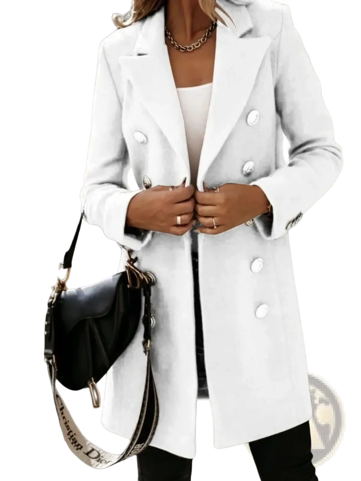 White double breasted wool coat for women with silver buttons and tailored fit designed for stylish outerwear