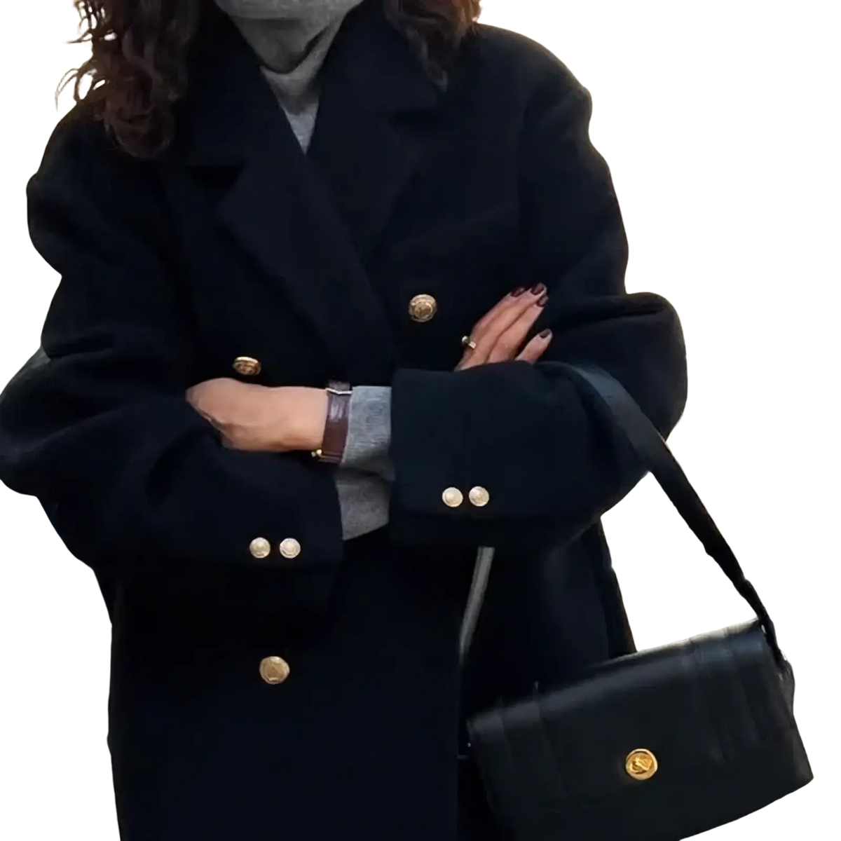 Black double breasted wool coat for women with gold toned buttons and structured silhouette for winter wear