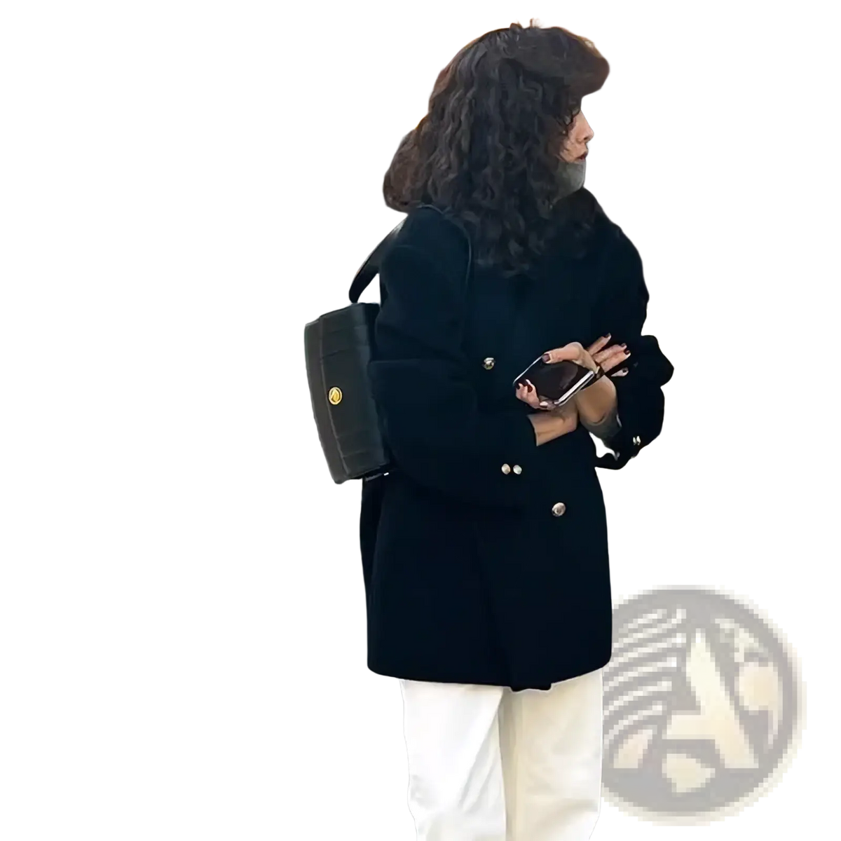 Black double-breasted wool coat for women with gold-toned buttons ideal for winter wear