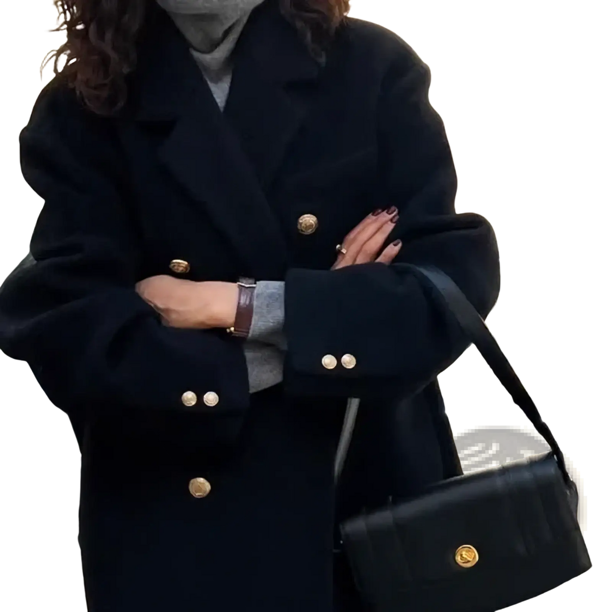 Black double breasted wool coat for women with gold toned buttons and structured silhouette for winter wear