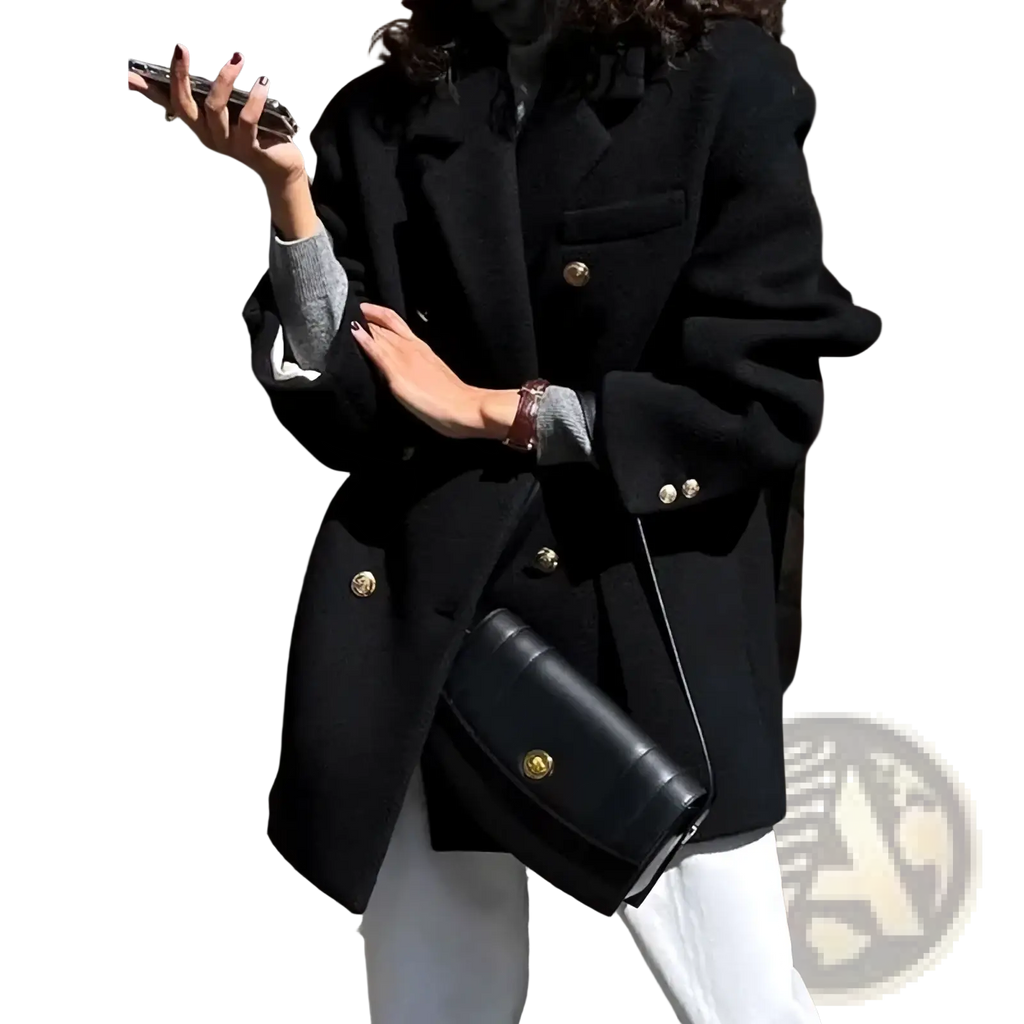 Black quilted leather crossbody bag with gold-tone hardware complementing double breasted wool coat for winter women