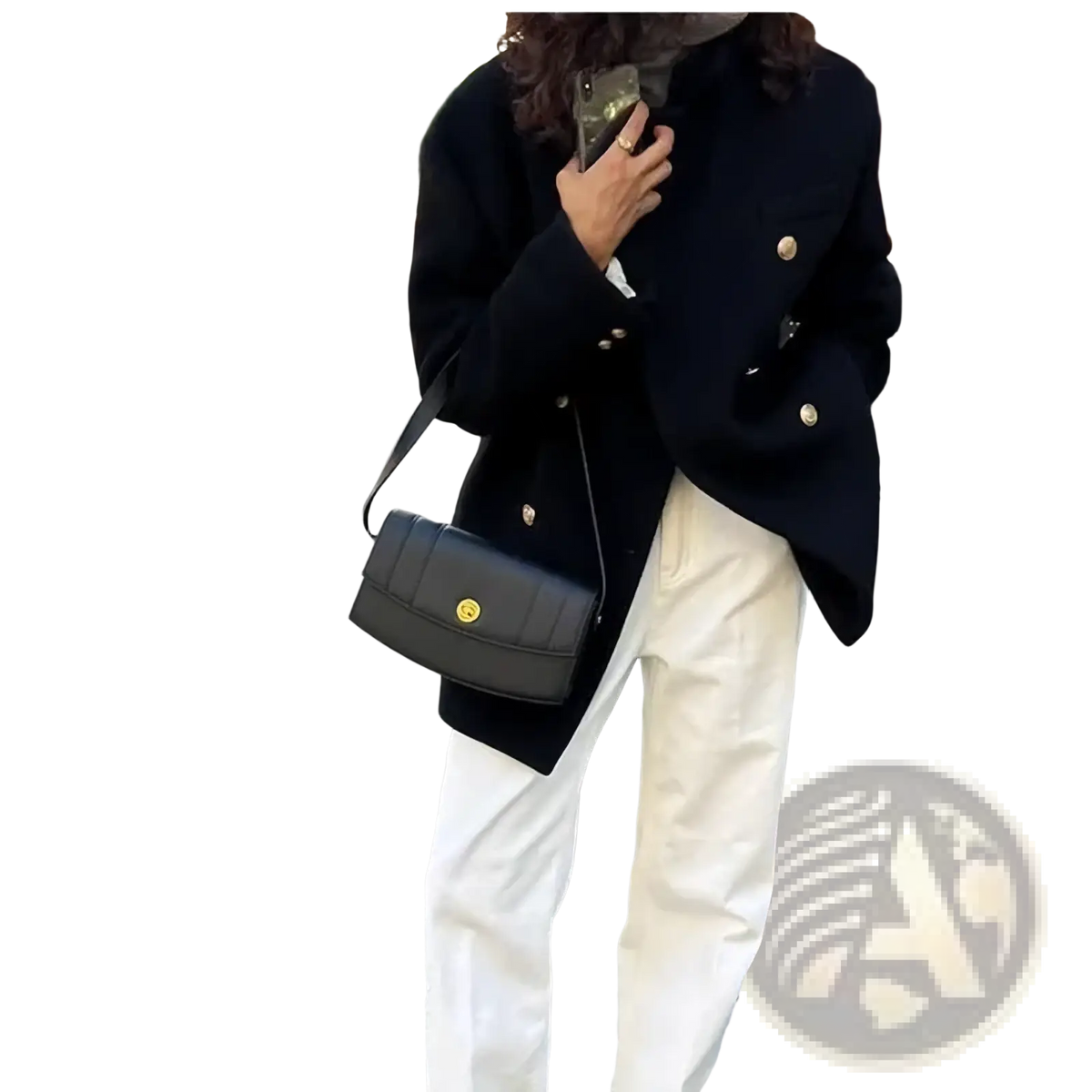 Black quilted leather crossbody bag with gold-tone hardware for women winter double breasted wool coat ensemble