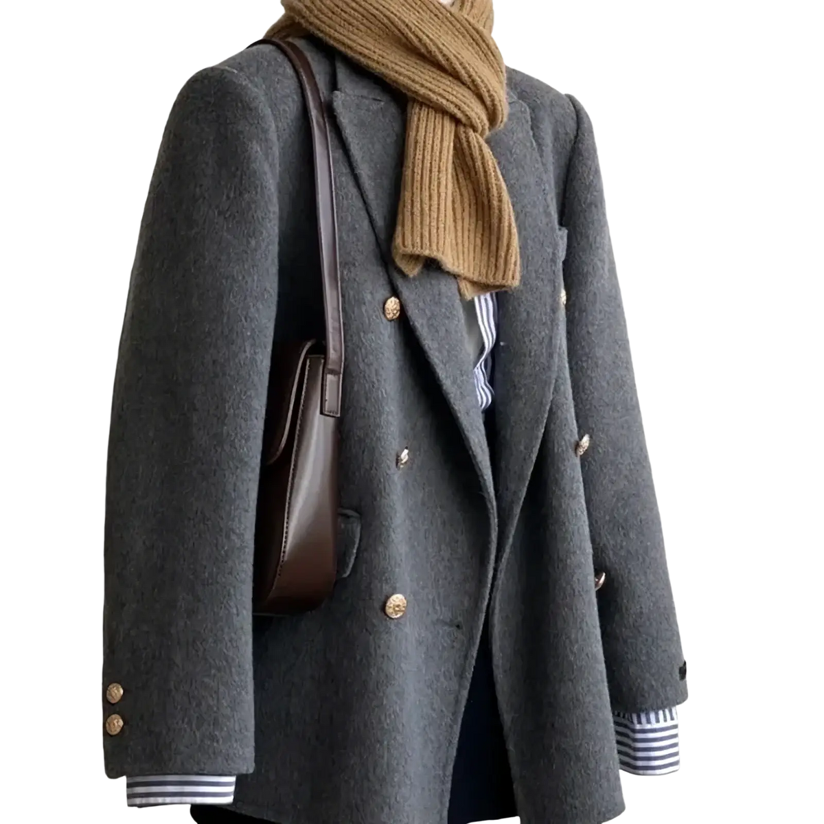 Double breasted gray wool coat for women with gold tone buttons and striped cuffs ideal for winter wear
