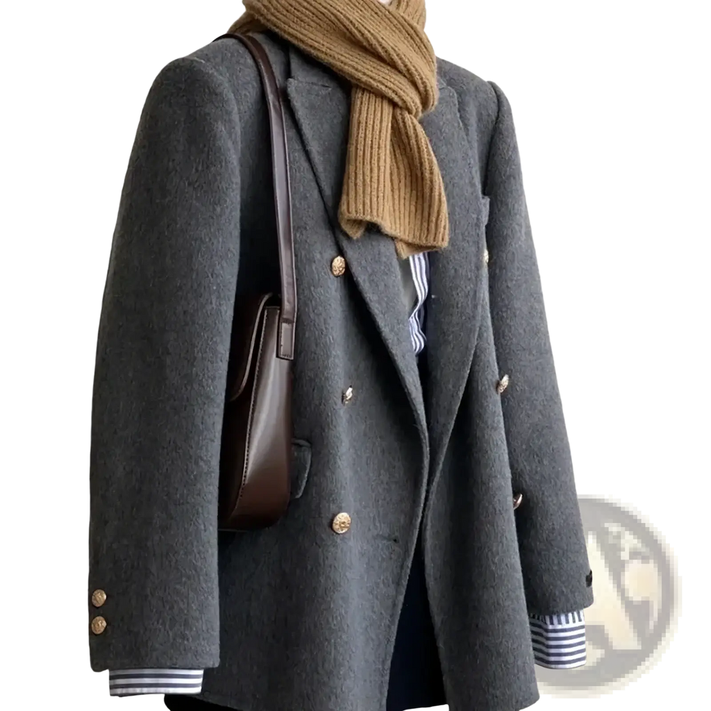 Double breasted gray wool coat for women with gold tone buttons and striped cuffs ideal for winter wear