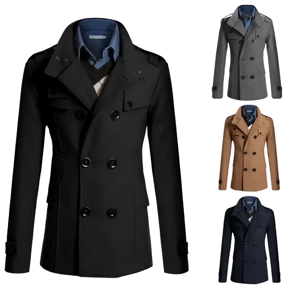 Black double breasted woolen overcoat for men with structured collar and dark buttons for formal wear