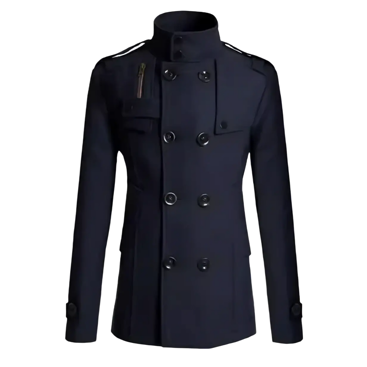 Dark navy double breasted woolen overcoat for men with black buttons and subtle shoulder straps