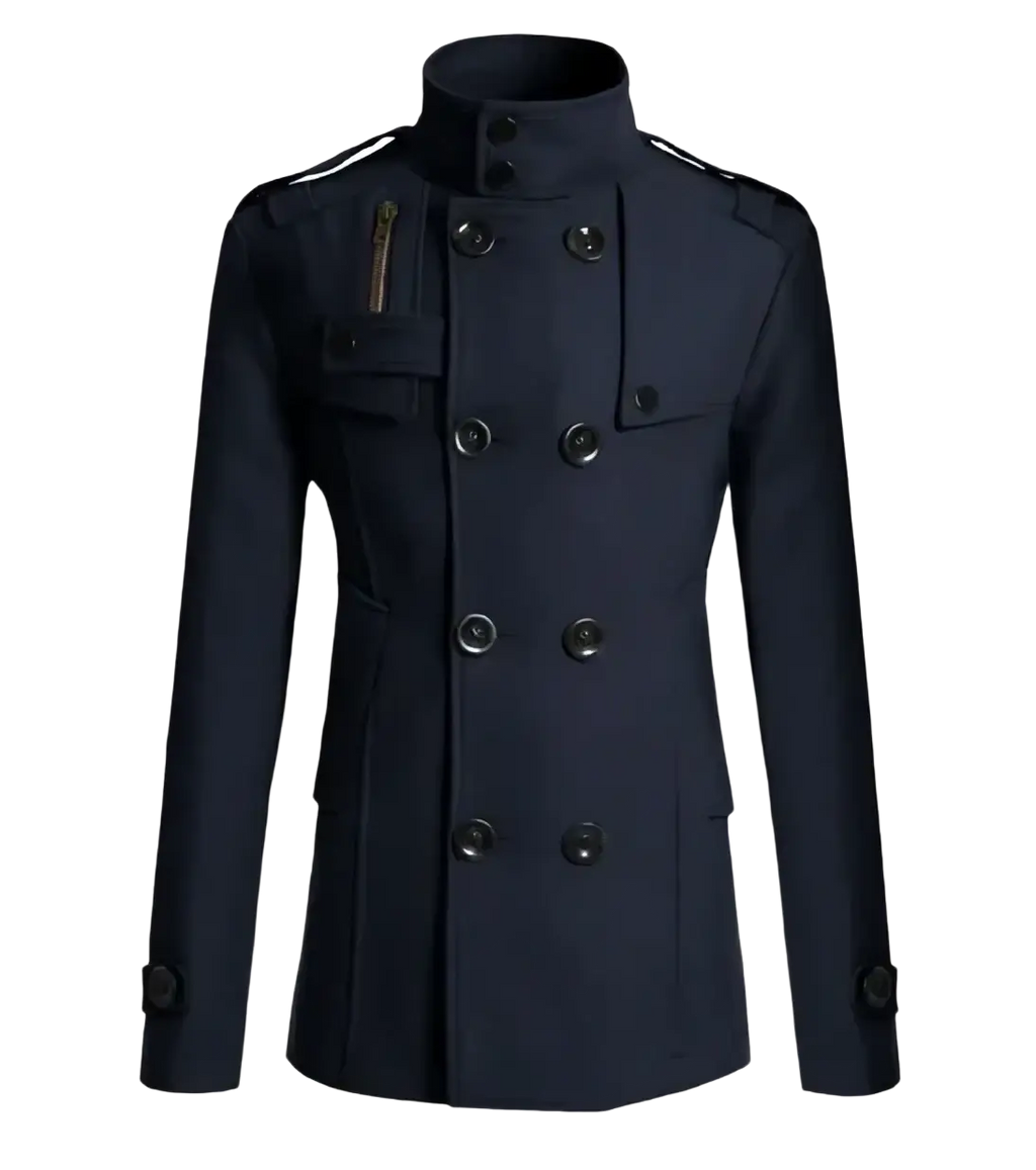 Dark navy double breasted woolen overcoat for men with black buttons and subtle shoulder straps