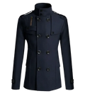 Dark navy double breasted woolen overcoat for men with black buttons and subtle shoulder straps