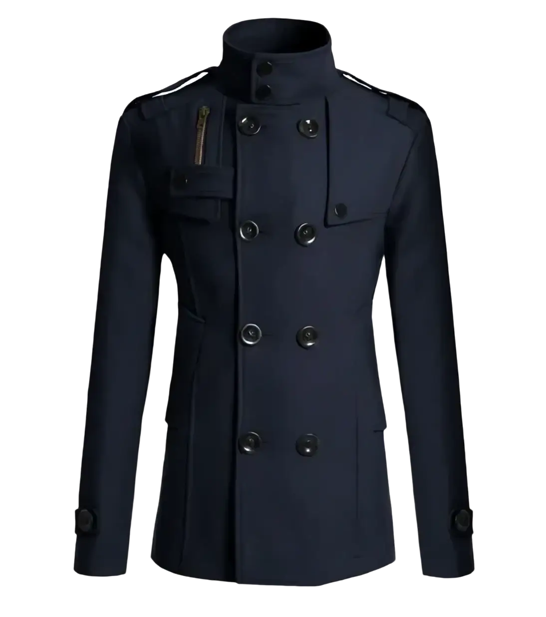 Dark navy double breasted woolen overcoat for men with black buttons and subtle shoulder straps