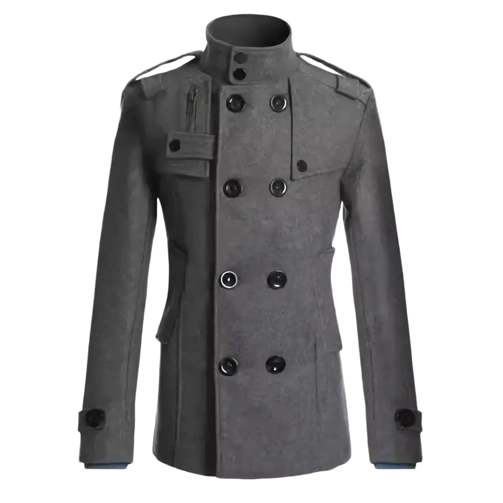 Gray woolen double breasted overcoat for men with black buttons and shoulder epaulets for formal wear