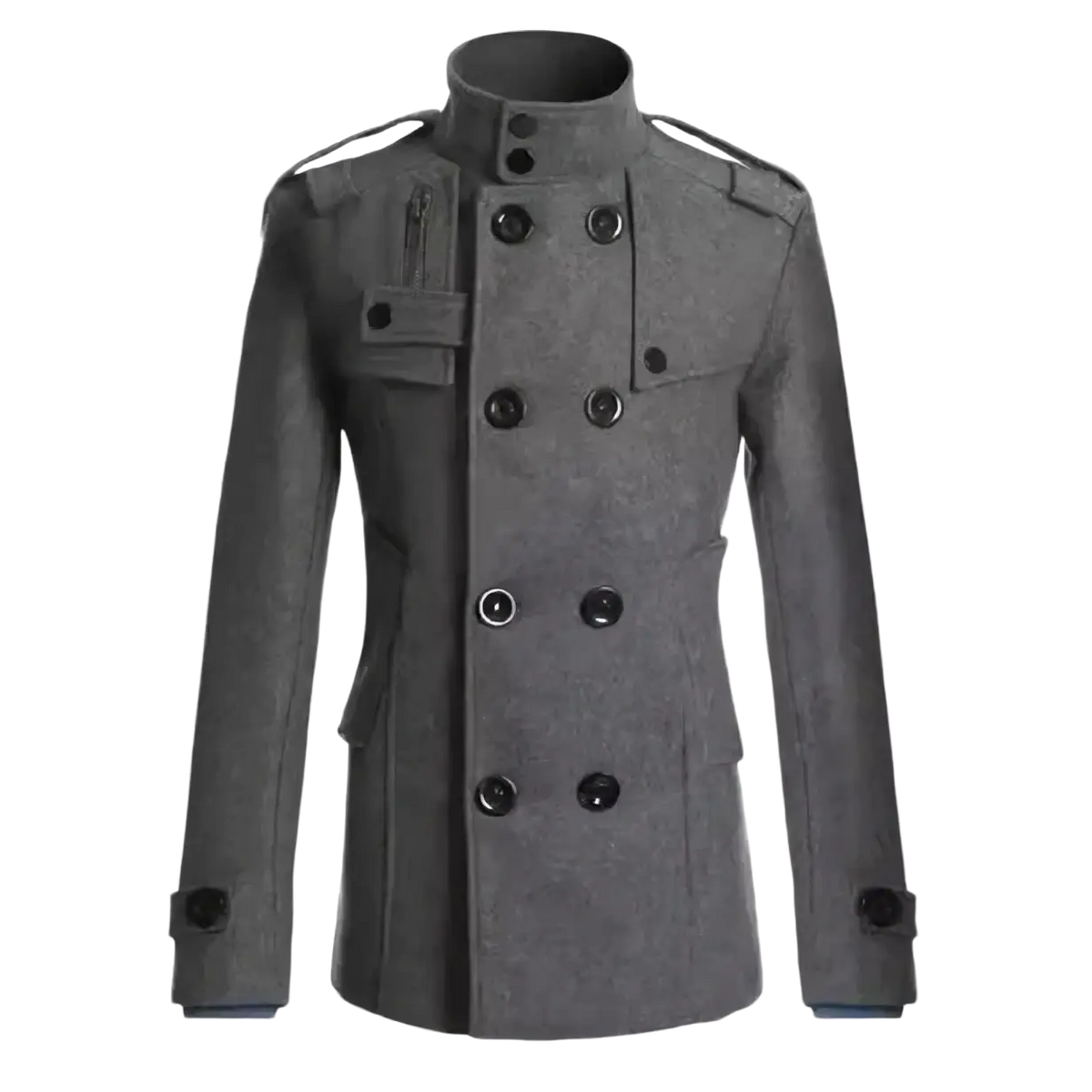 Gray woolen double breasted overcoat for men with black buttons and shoulder epaulets for formal wear