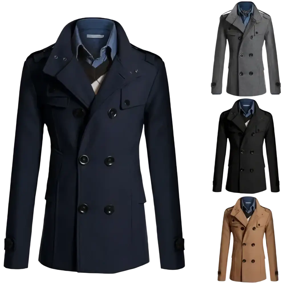 Navy blue double breasted woolen overcoat for men with black buttons and epaulets in a trench coat style