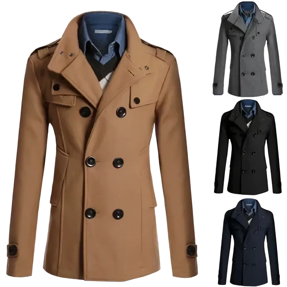 Tan wool double breasted trench coat for men with black buttons and epaulets for formal outerwear use
