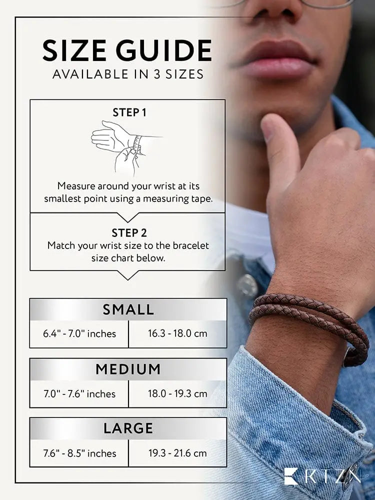 Brown double braided leather bracelet with stainless clasp worn on wrist showcasing its texture and design