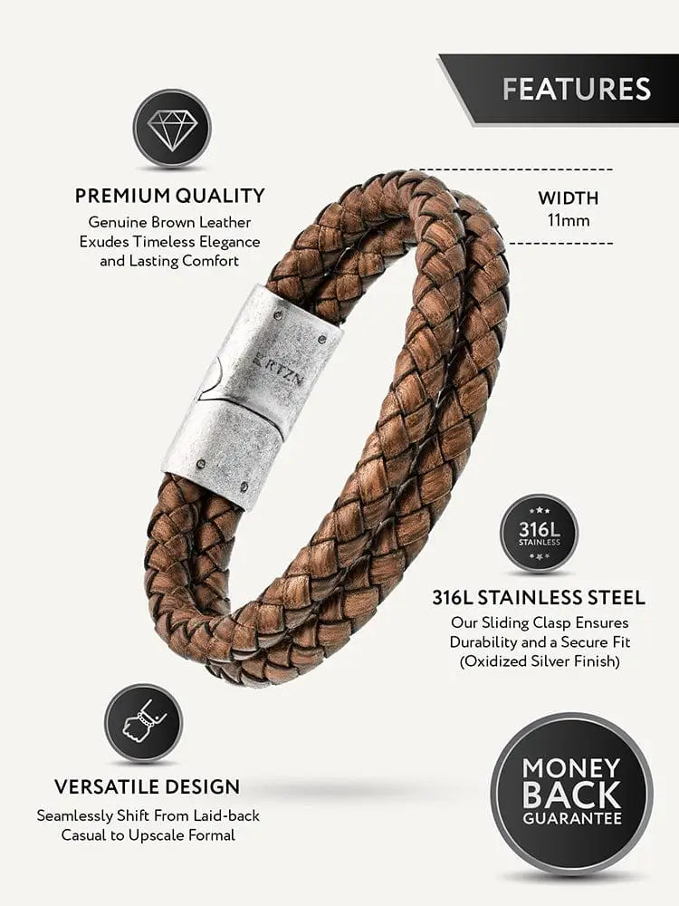 Double brown braided leather bracelet featuring a silver-toned 316l stainless steel sliding clasp