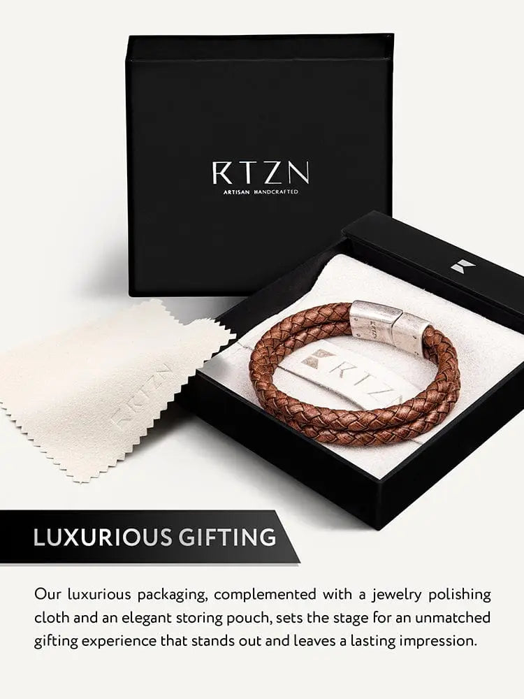 Double brown braided leather bracelet with stainless steel clasp in elegant black packaging
