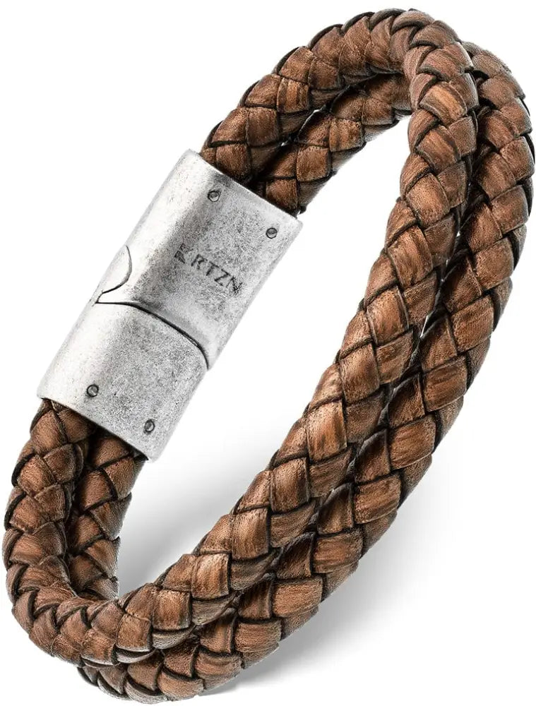 Double brown braided leather bracelet featuring a silver-toned stainless magnetic clasp for secure wear