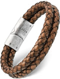 Double brown braided leather bracelet featuring a silver-toned stainless magnetic clasp for secure wear