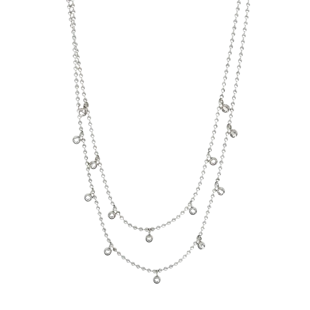 Double choker crystal beaded necklace in silver-toned stainless steel with layered fine ball chains and sparkling pendants