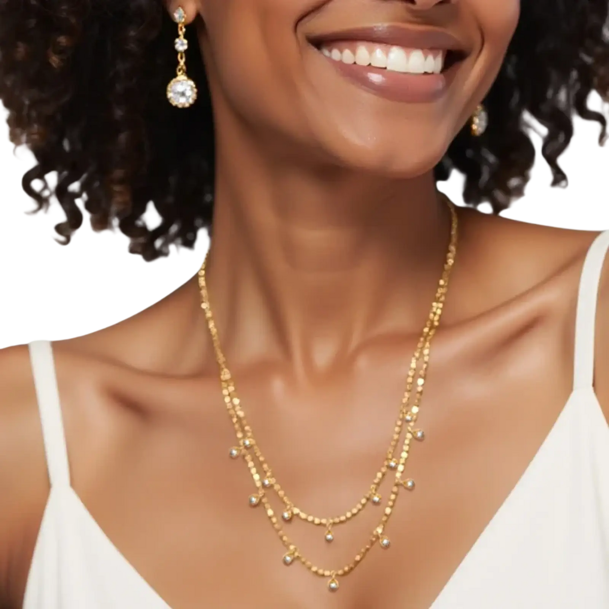 Double choker crystal beaded necklace in gold tone stainless steel with layered delicate chains and pearl-like accents