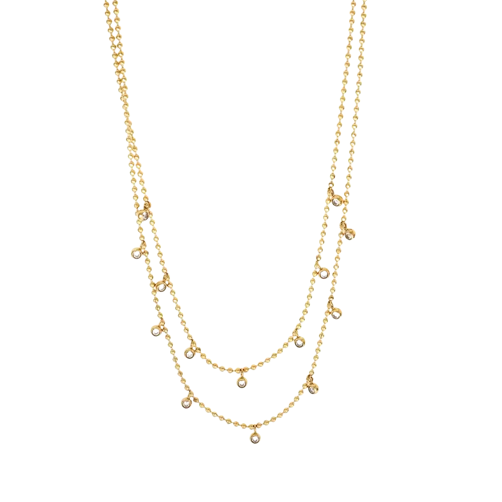 Gold-toned double choker crystal beaded necklace with layered ball chains and clear stones in stainless steel