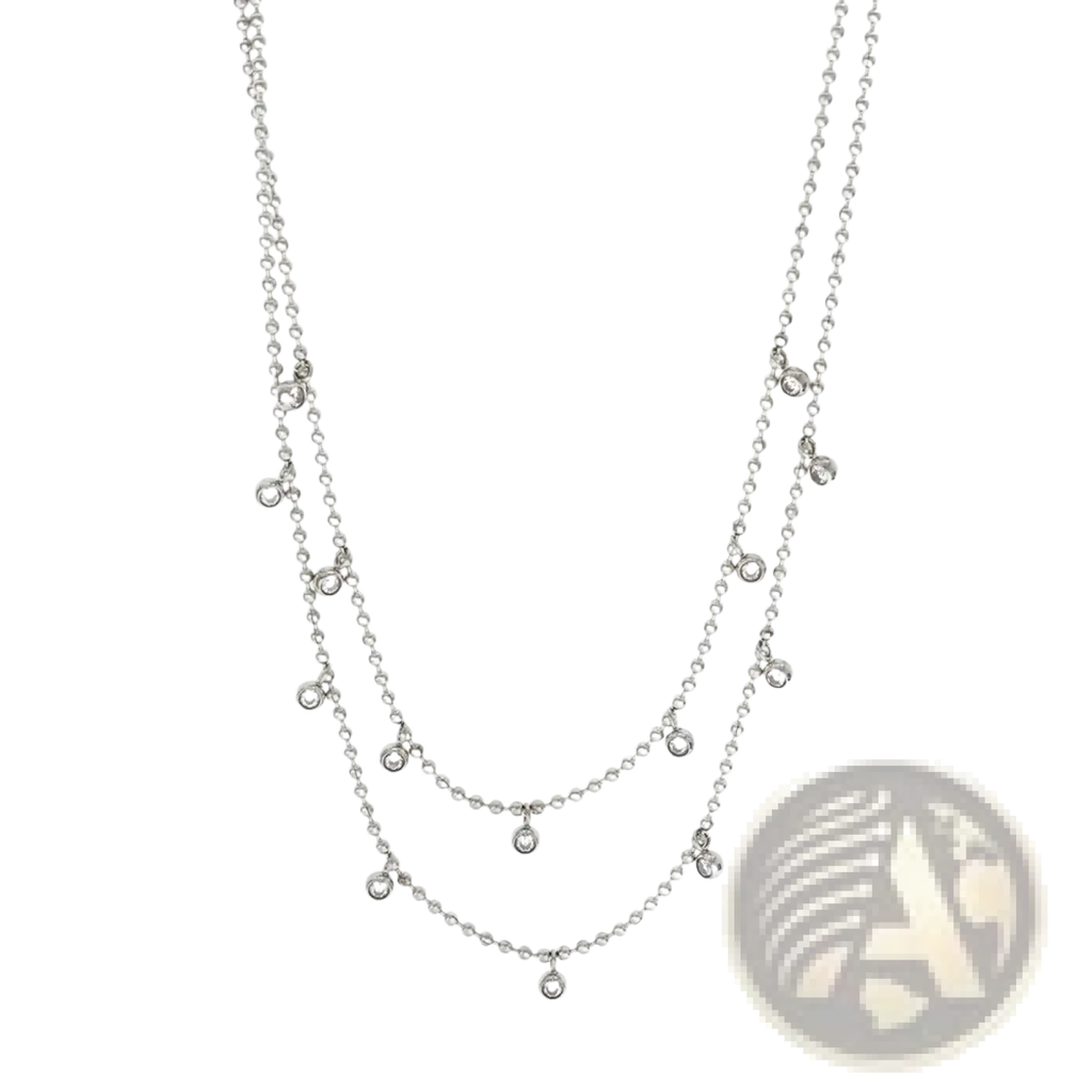 Double choker crystal beaded necklace in silver-toned stainless steel with layered fine ball chains and sparkling pendants