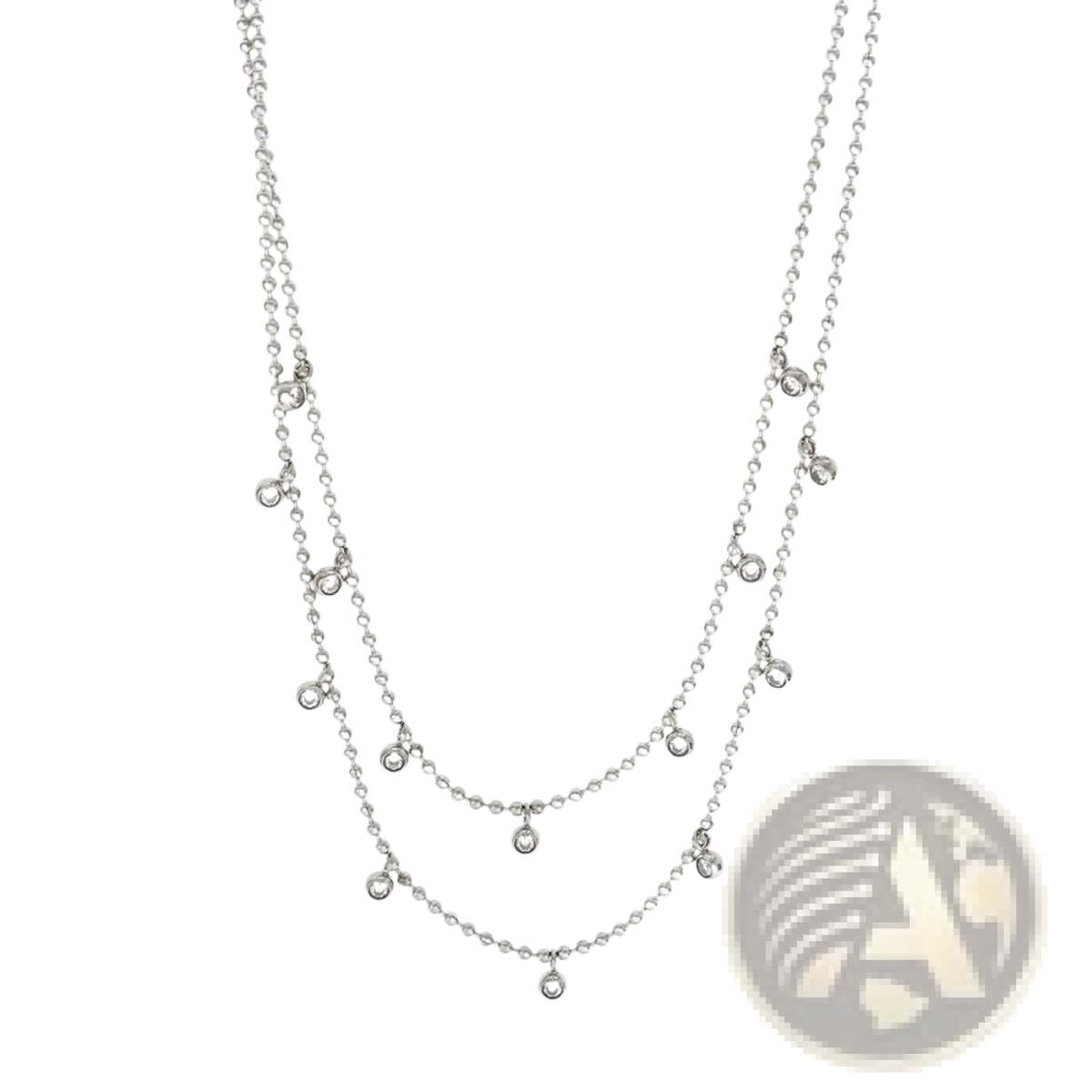 Double choker crystal beaded necklace in silver-toned stainless steel with layered fine ball chains and sparkling pendants
