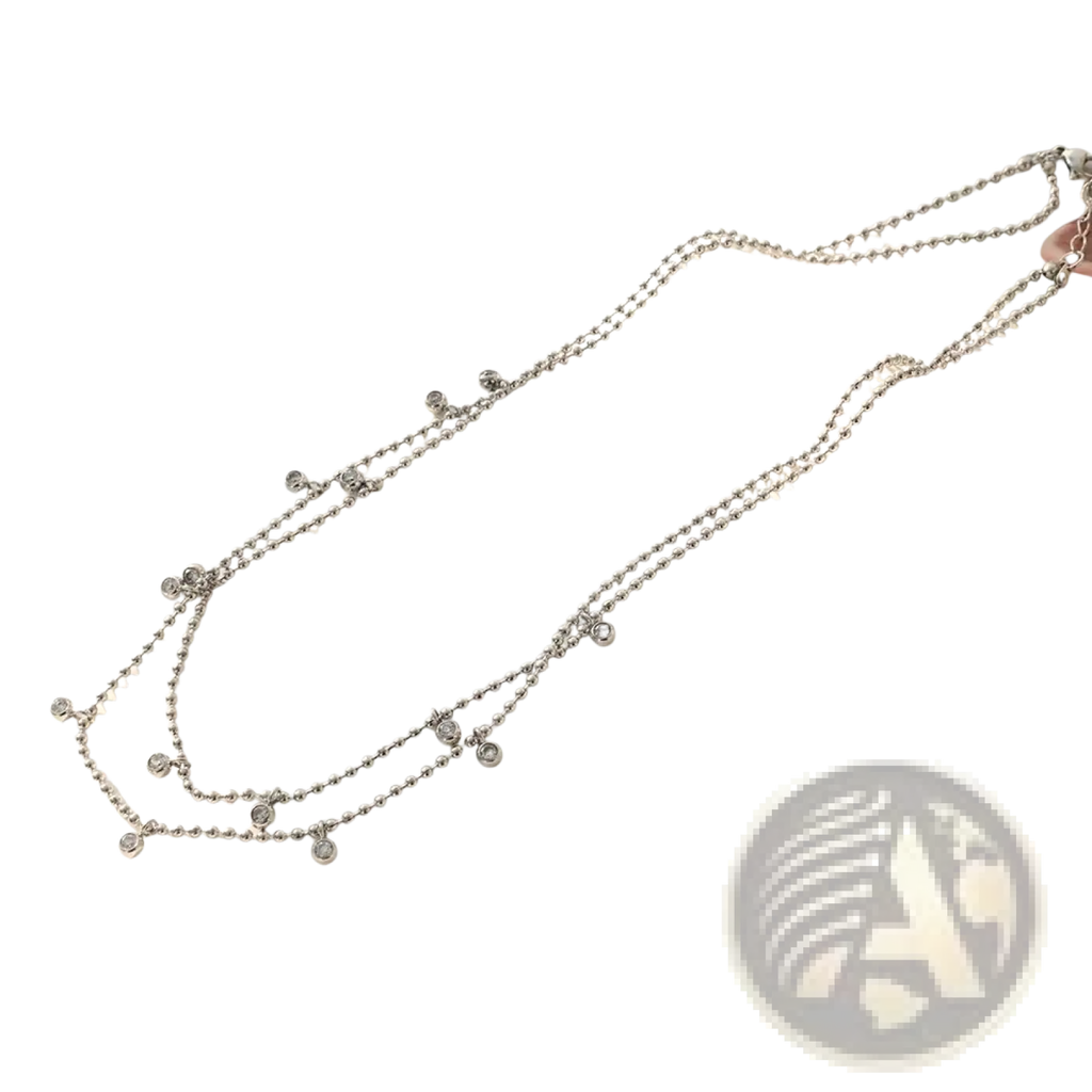 Silver double choker crystal beaded necklace with delicate dangling accents made of stainless steel