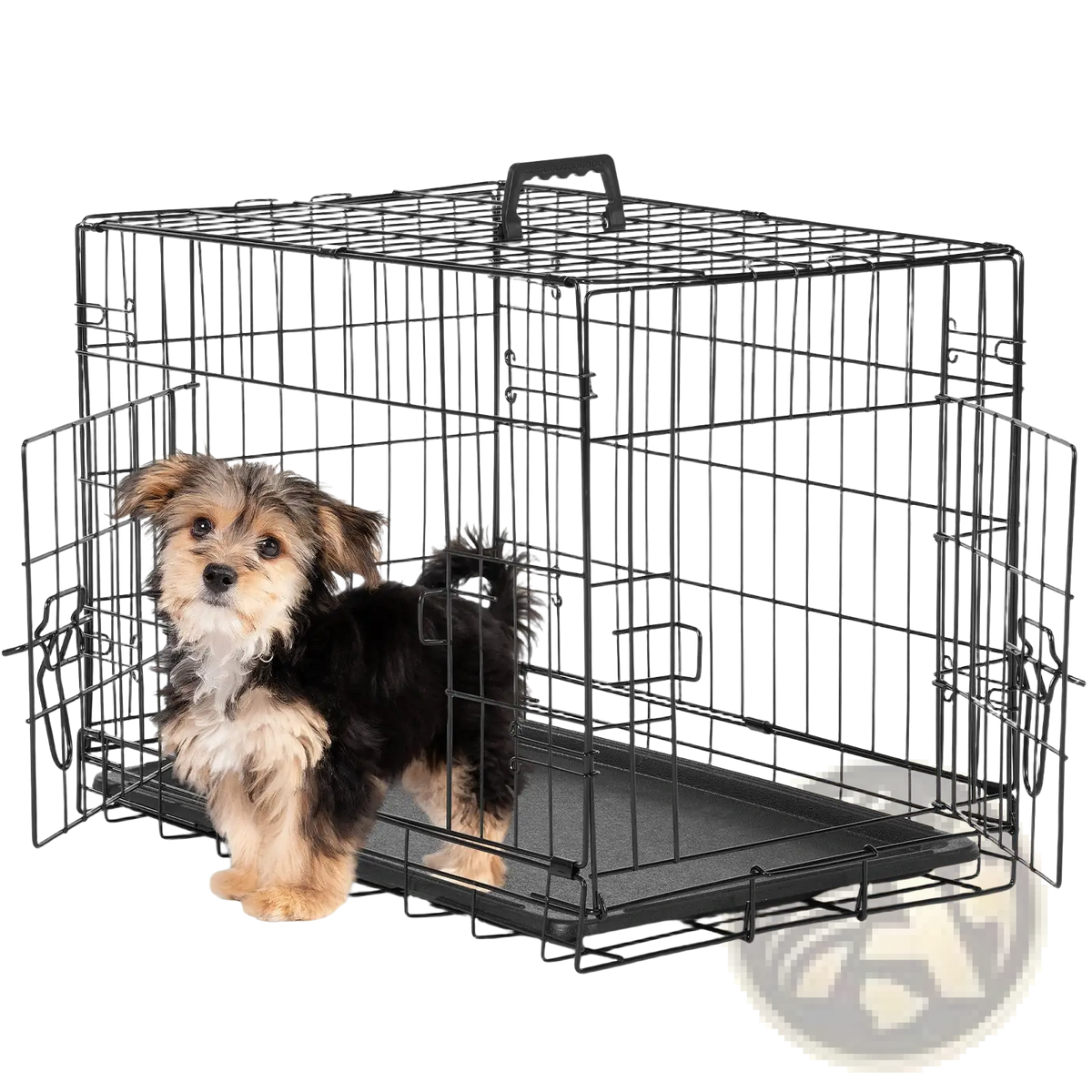 Black wire mesh double door dog crate with removable tray and handle for easy transport and cleaning
