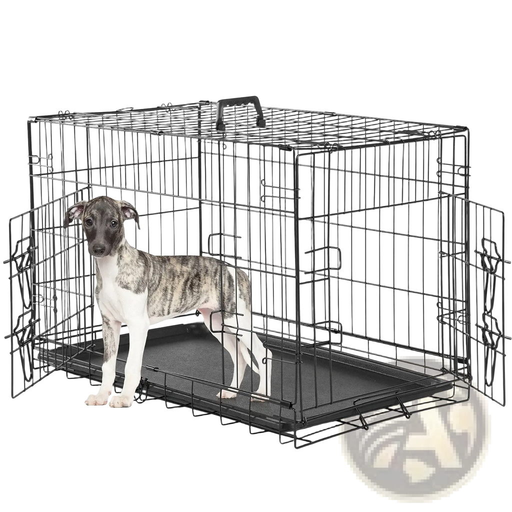 Black wire mesh double door dog crate with removable tray for easy cleaning and secure pet containment