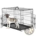 Black wire mesh double door dog crate with removable tray for easy cleaning and secure pet containment