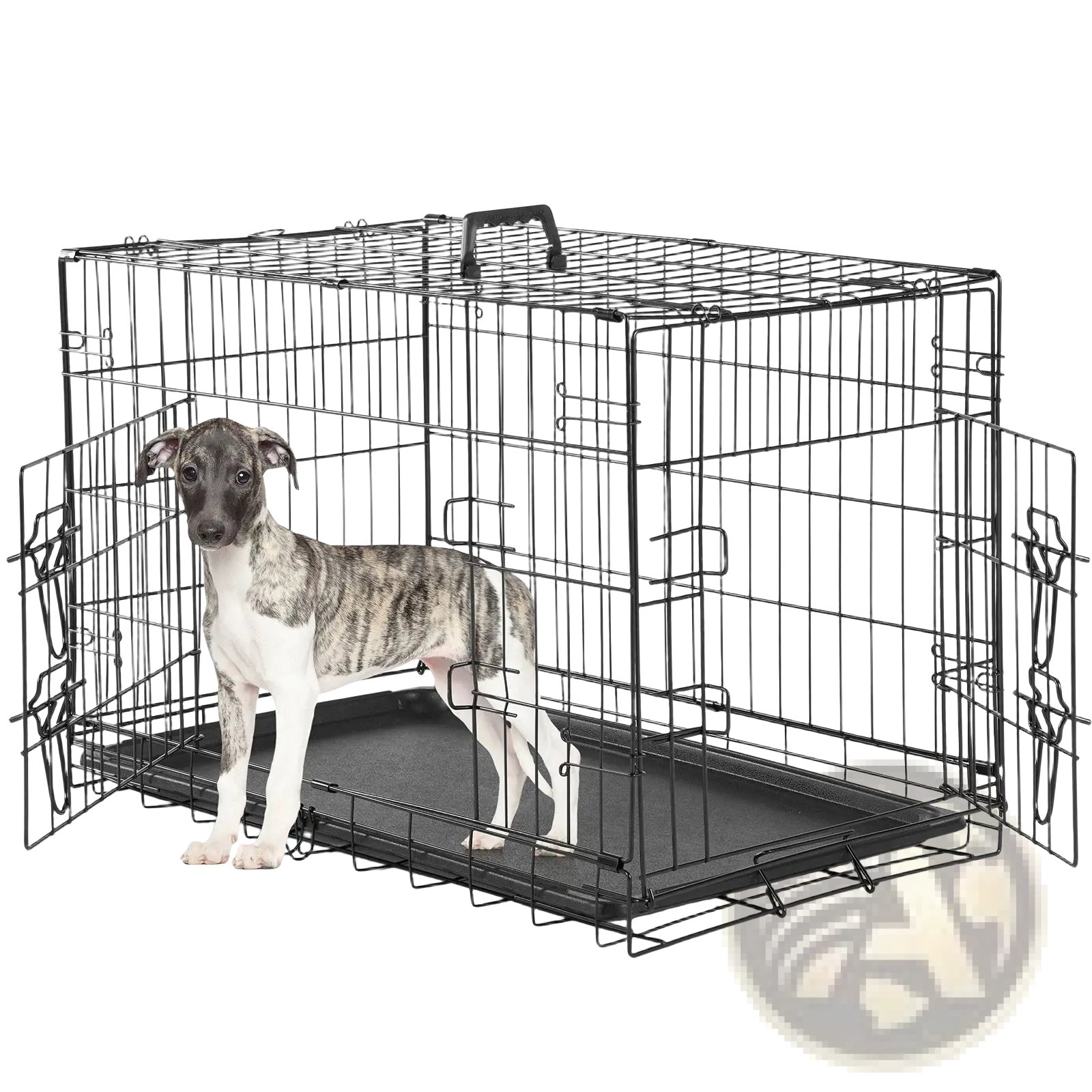 Black wire mesh double door dog crate with removable tray for easy cleaning and secure pet containment