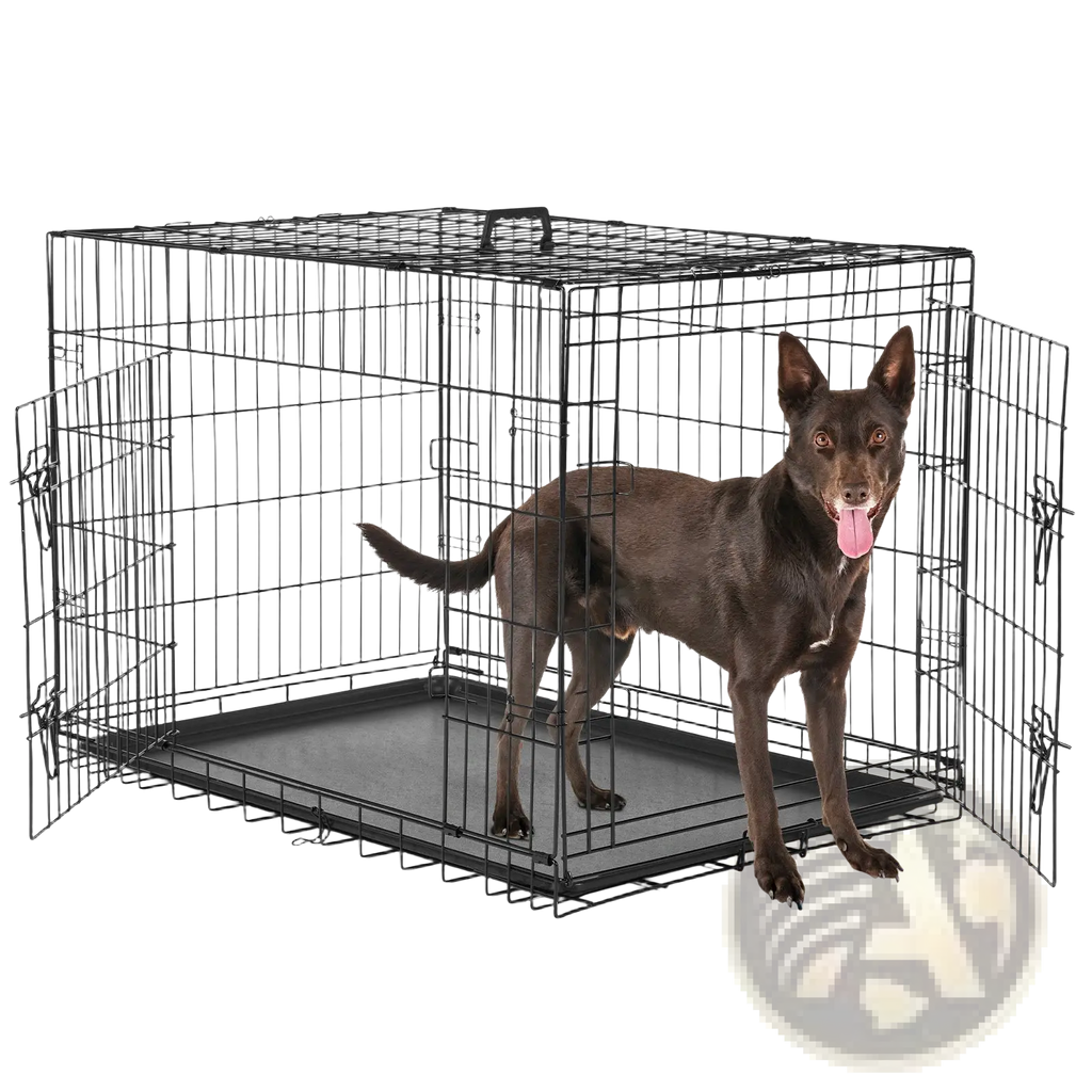 Double door black wire dog crate with gray removable plastic tray for easy cleaning and secure pet containment