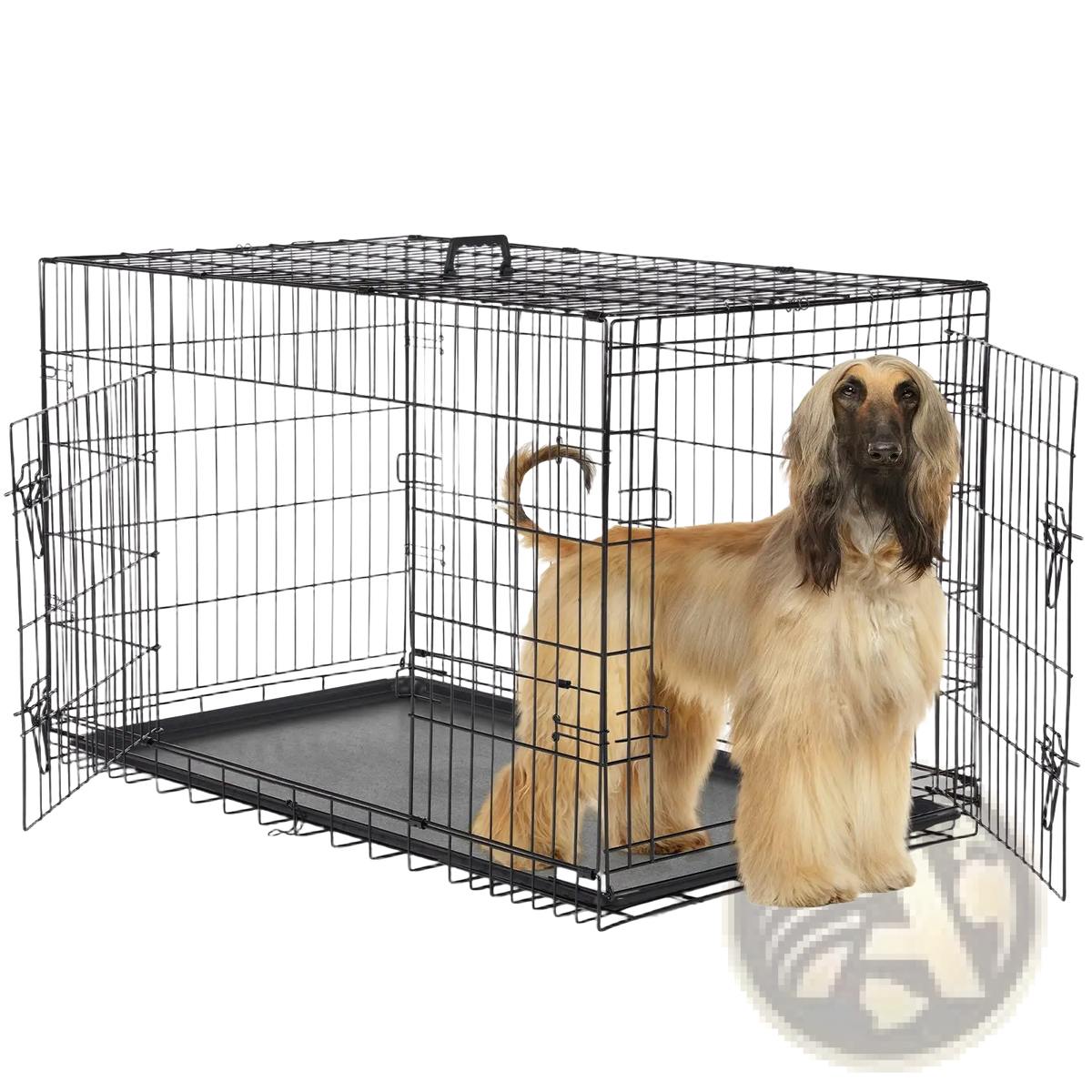 Black wire dog crate with double doors and removable solid base tray for secure and convenient pet containment