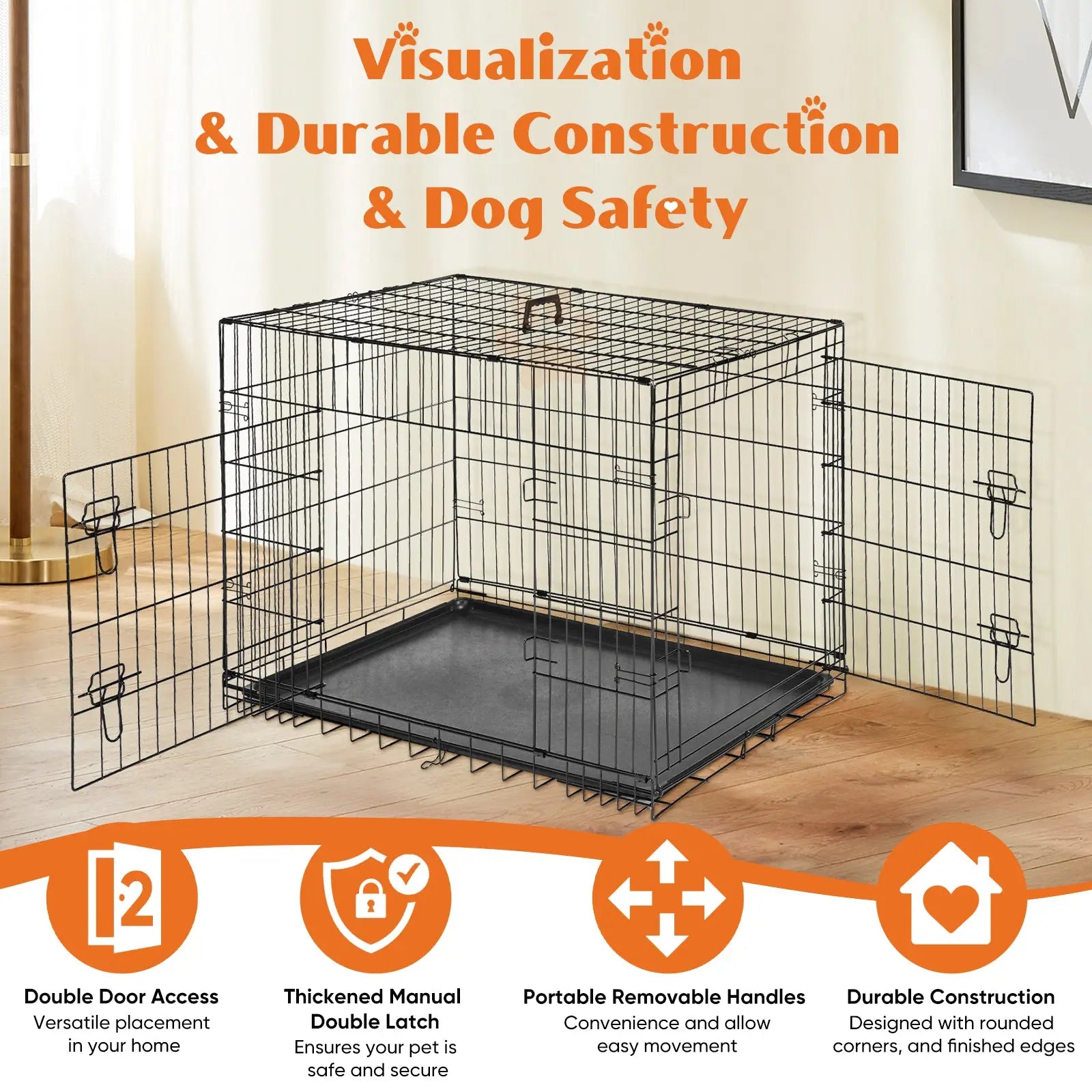 Black wire dog crate with double doors and removable handles featuring a removable tray for easy cleaning