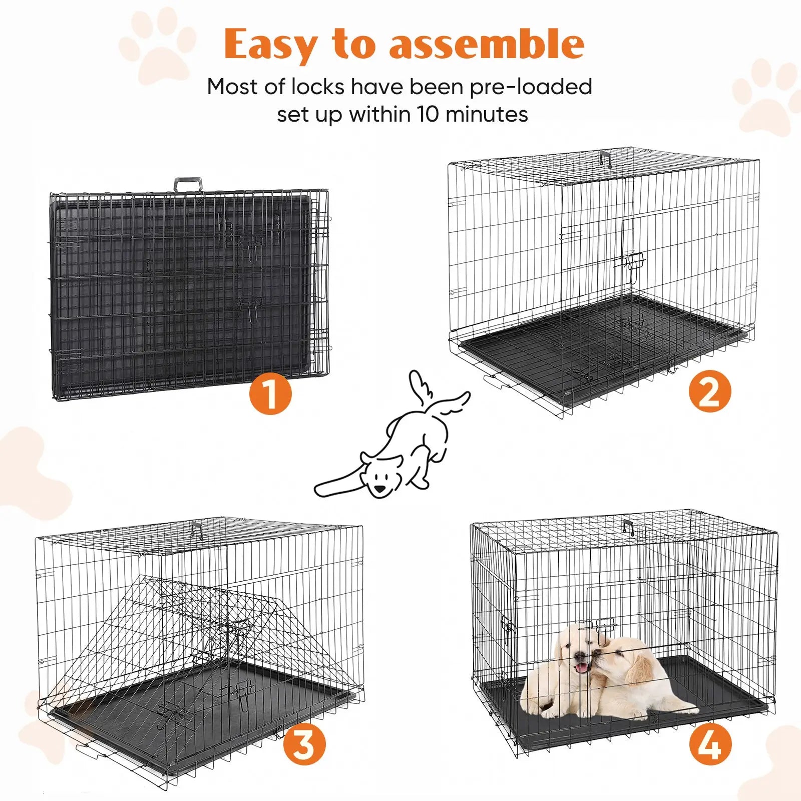 Black metal wire dog crate with double doors and removable tray for secure and convenient pet containment