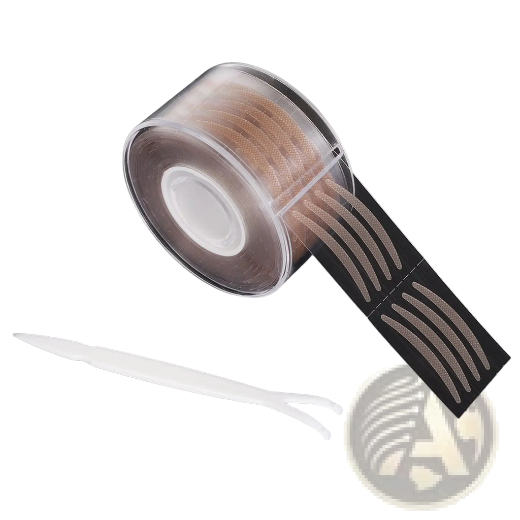 Clear plastic roll containing beige adhesive double eyelid stickers with a white applicator tool beside it