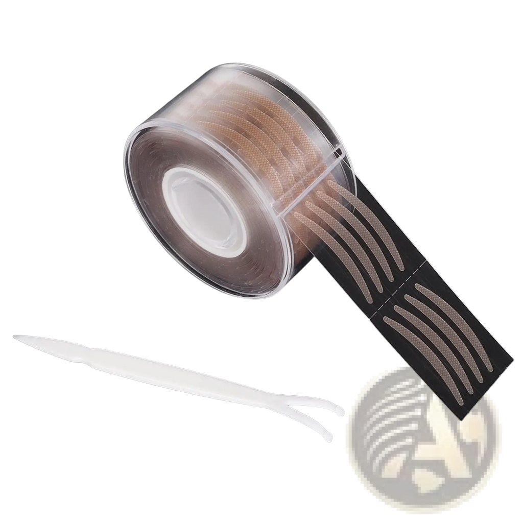 Clear plastic roll of beige adhesive double eyelid tape strips with white applicator tool for cosmetic use