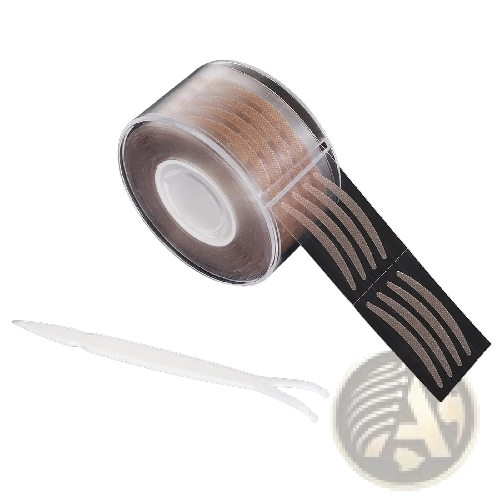 Clear plastic roll of beige adhesive double eyelid tape strips with white applicator tool for cosmetic use