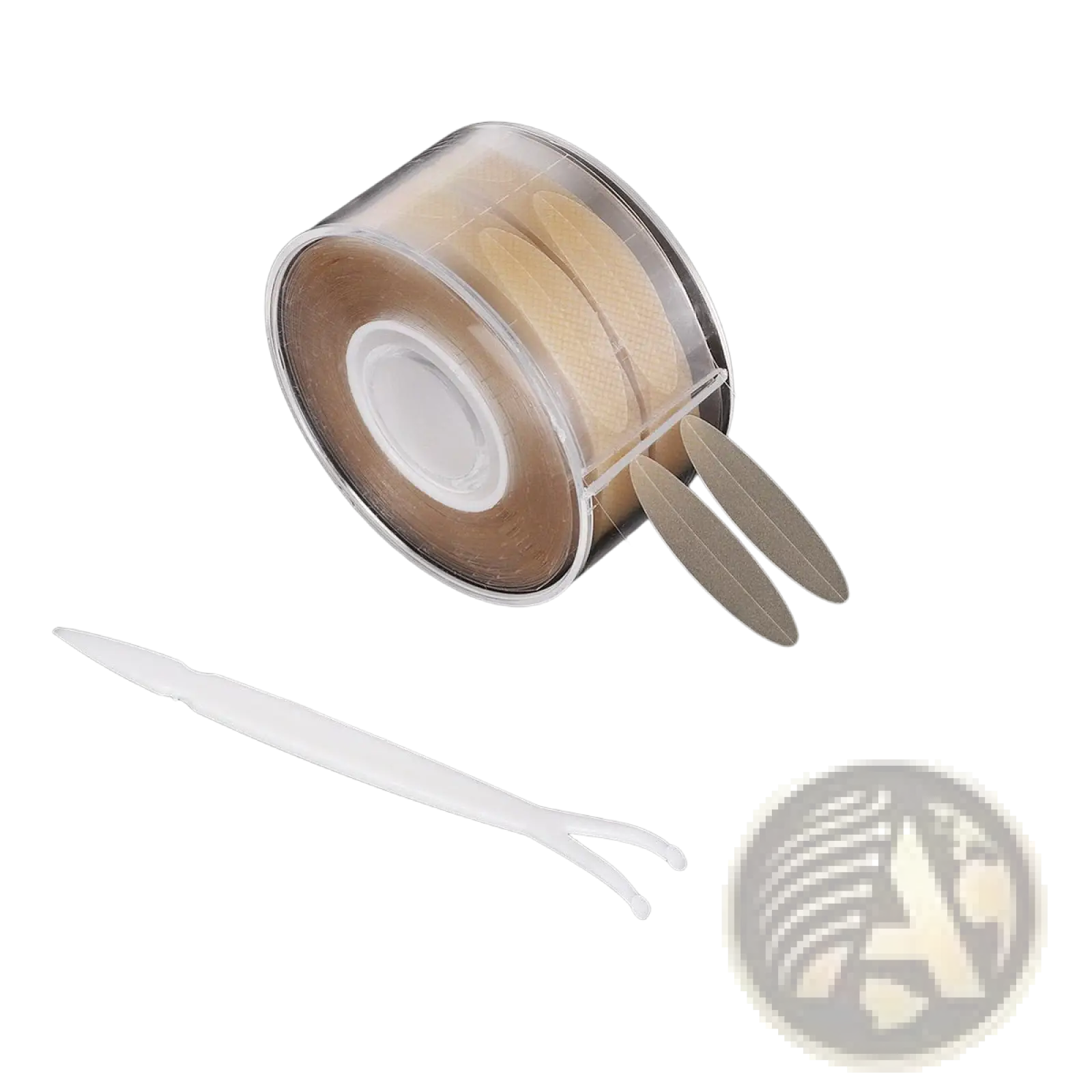 Clear plastic roll of beige adhesive double eyelid stickers with white applicator tool for eyelid tape set use