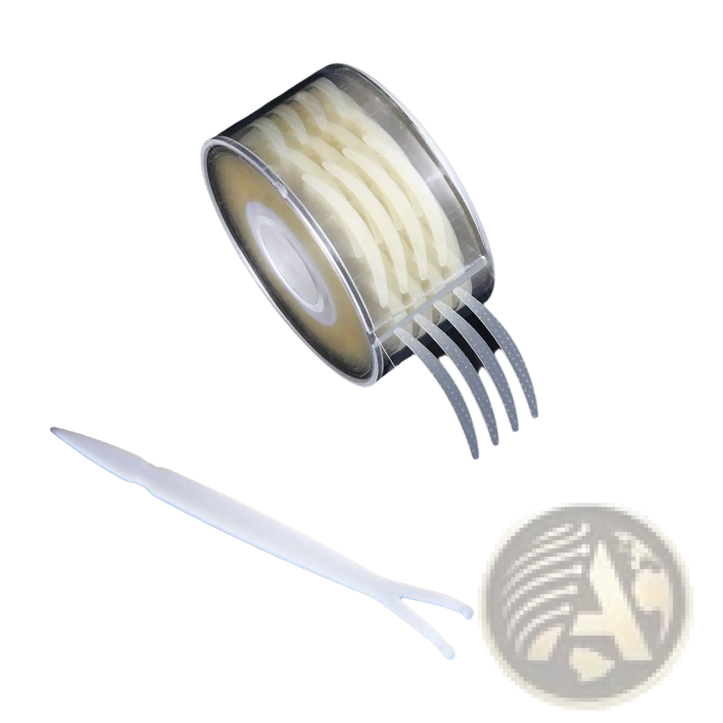 Clear plastic roll of white adhesive eyelash extensions with matching white applicator in double eyelid stickers set