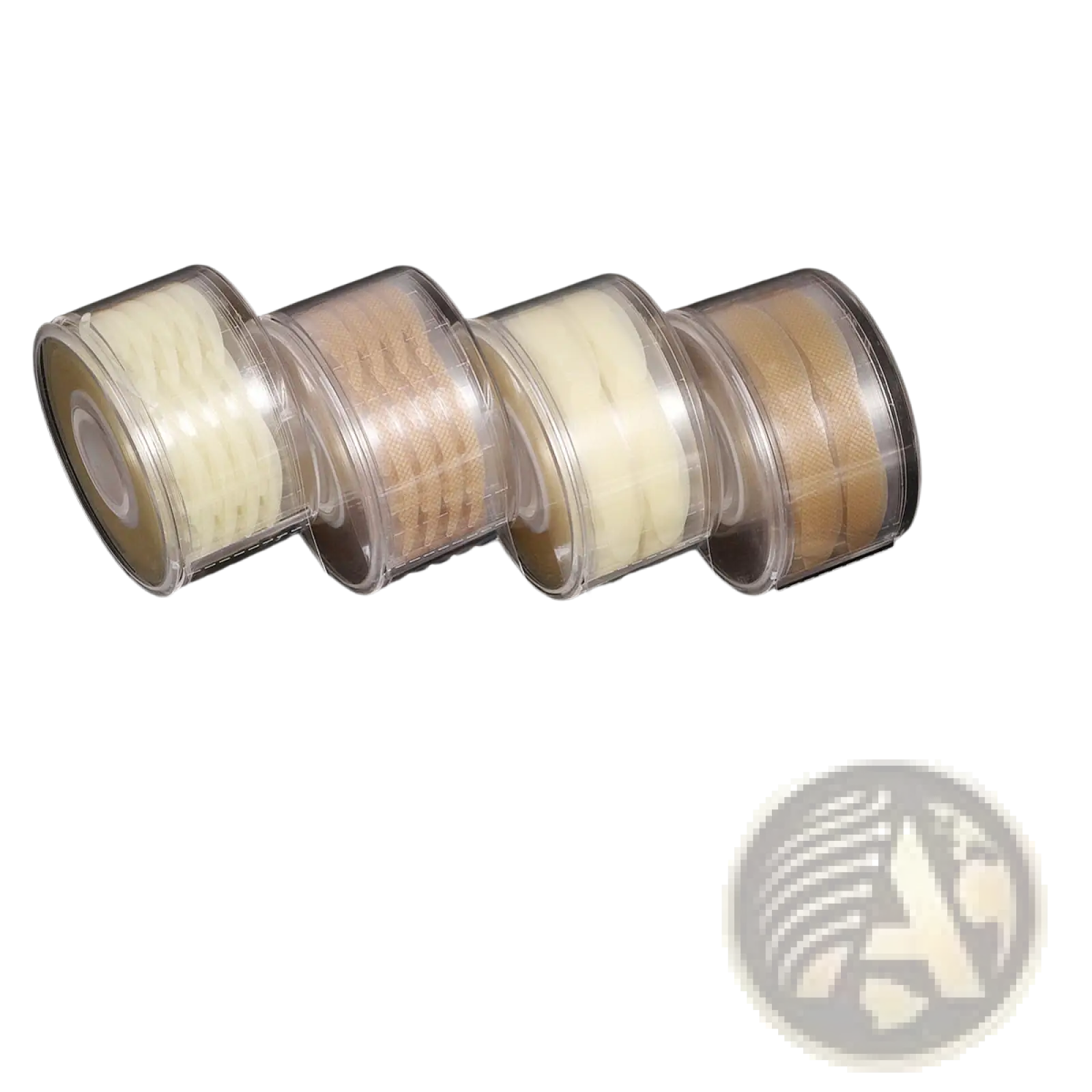 Four rolls of beige adhesive double eyelid stickers in clear plastic packaging with a subtle textured surface