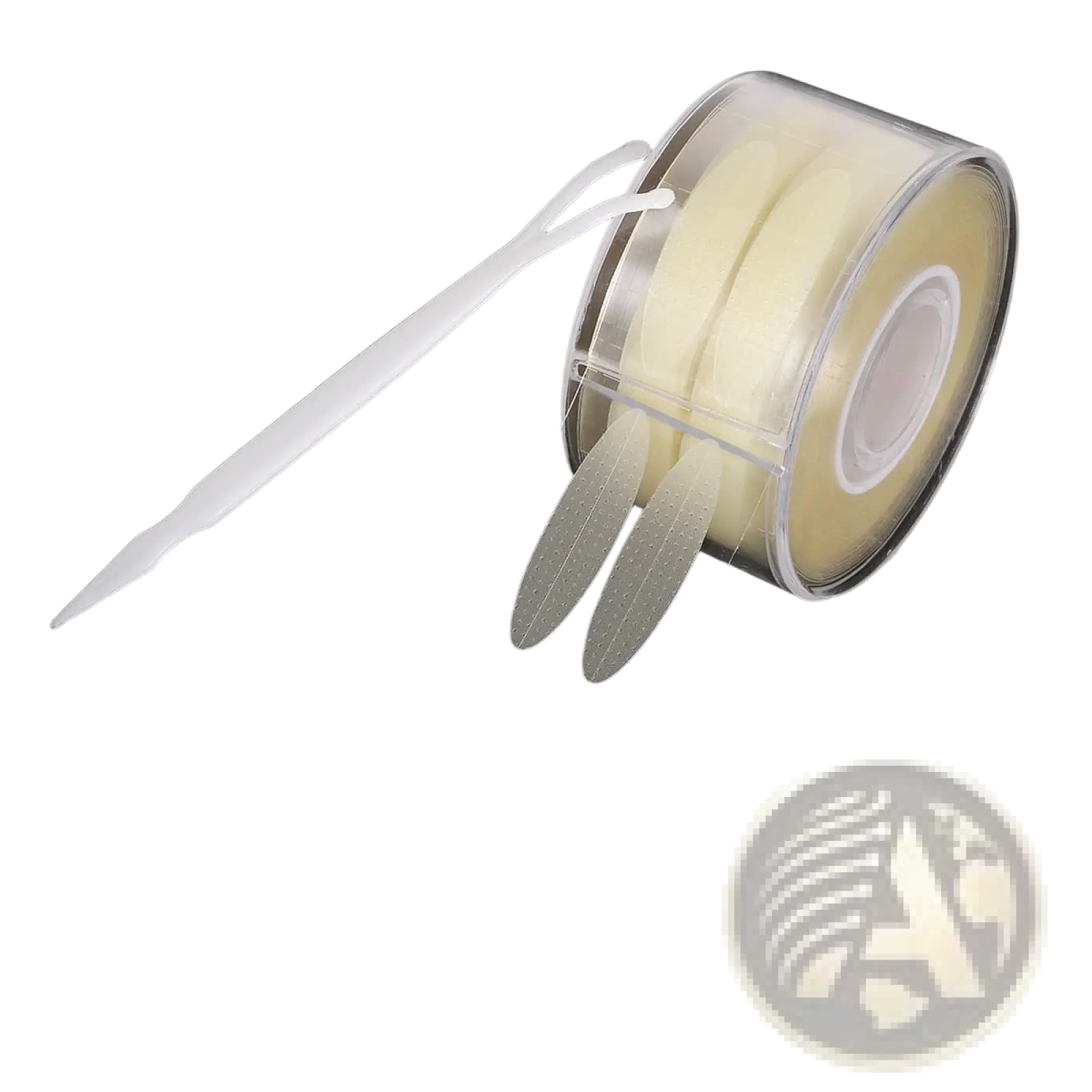 Clear plastic roll containing pale yellow double eyelid adhesive strips with white applicator tool for eye makeup