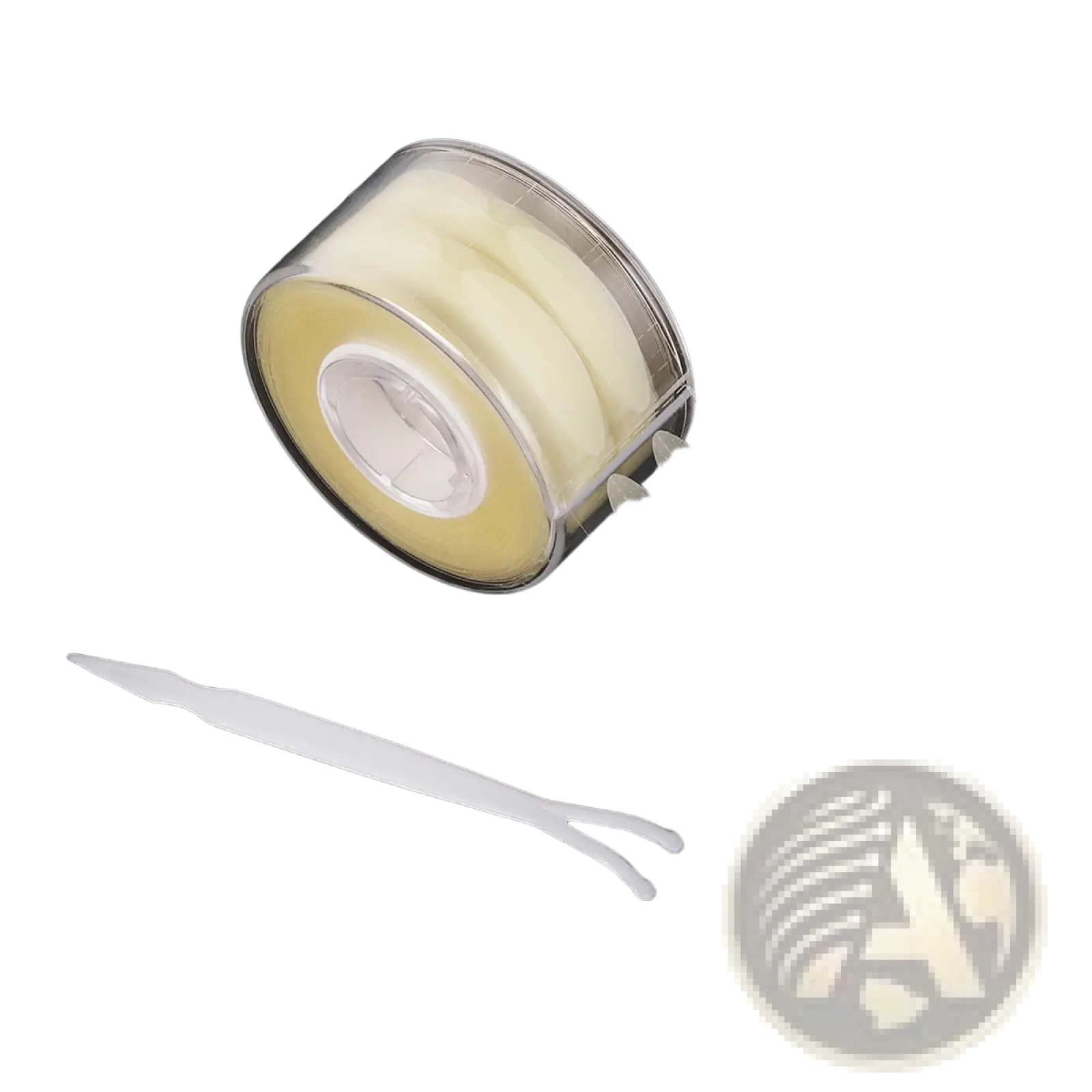 Clear plastic roll of pale yellow double eyelid adhesive strips with silver glittery ovals and white applicator tool